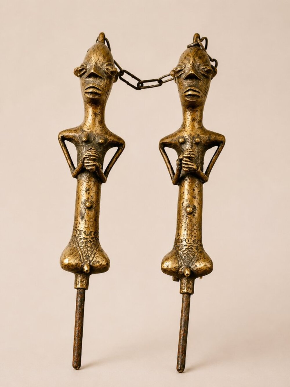 Vintage Yoruba Ogboni Edan Brass & Iron Rods Pair Nigeria Tribal African Art 10"